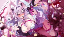 1girl animal_ear_hairband animal_ears basket bat_wings belt black_jacket black_wings blood blood_on_ground blush breasts cellphone cetacean_tail chest_belt collar commentary cone_hair_bun detached_collar dutch_angle easter_egg egg english_commentary fake_animal_ears fingernails fins fish_tail fishnet_thighhighs fishnets food-themed_hair_ornament hair_between_eyes hair_bun hair_ornament hairband heart heart-shaped_pupils heart_hair_ornament highres holding holding_knife holding_phone ice_cream_hair_ornament indie_virtual_youtuber jacket jacket_partially_removed jewelry knife large_breasts leotard long_fingernails long_hair long_sleeves looking_at_phone multicolored_hair multicolored_jacket multicolored_nails multiple_rings nail_polish necktie nomu_(29_nom) open_clothes open_jacket open_mouth phone piercing pink_belt pink_eyes pink_streaks purple_eyes purple_hair purple_jacket purple_necktie rabbit_ear_hairband rabbit_ears raised_inner_eyebrows ring second-party_source sharp_teeth single_fishnet_legwear smartphone smile solo sprinkle_hershy sprinkles strapless strapless_leotard streaked_hair stuffed_toy symbol-shaped_pupils tail teeth thighhighs two-tone_jacket virtual_youtuber white_collar wing_piercing wings x_hair_ornament