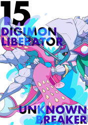 1girl absurdres ariemon bare_shoulders black_sclera blue_hair blue_skin colored_sclera colored_skin digimon digimon_(creature) digimon_card_game digimon_liberator facial_mark forehead_mark highres japanese_clothes kimono off_shoulder pink_hair pink_kimono release_celebration solo usagibochi