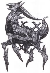 arceus chomahu commentary_request full_body gen_4_pokemon h.r._giger_(style) highres legendary_pokemon monochrome monsterification mythical_pokemon nintendo no_humans parody pen_(medium) pokemon pokemon_(creature) simple_background solo style_parody traditional_media white_background