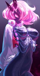 1girl black_bodysuit bodysuit border breasts chain cowboy_shot cropped_jacket duel_monster electricity enmo_takeshita highres jacket large_breasts red_hair short_hair solo spright_carrot white_border white_jacket yu-gi-oh!