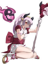 Rule 34 | 1girl, absurdres, beads, blossoms, boots, broken horn, cherry, cherry blossoms, commission, commissioner upload, demon girl, demon horns, duel monster, food, fruit, geta, gloves, hair between eyes, hand on own chest, highres, hjjeon02, holding, holding scythe, horns, japanese clothes, kimono, kneeling, obi, one eye closed, pink hair, ponytail, red blossoms from underroot, red eyes, ribbon, sash, scythe, short, skull, socks, thighs, white gloves, white kimono, white socks, yu-gi-oh!