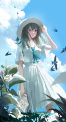 1girl absurdres aqua_necktie bird black_eyes blue_bird blue_sky cloud commentary_request cumulonimbus_cloud day flower_request hand_up hat highres holding holding_notebook koa_tcbs long_hair long_skirt looking_to_the_side necktie notebook original outdoors pleated_skirt shirt short_sleeves skirt sky solo sun_hat sweat white_hat white_shirt white_skirt