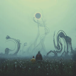 1boy 1other absurdres black_jacket child coat haze highres hood hood_up jacket leather leather_jacket orb outdoors science_fiction simon_stalenhag surreal the_labyrinth yellow_coat