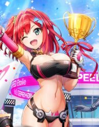 1girl ;d alternate_costume artist_request bikini black_bikini breasts cleavage dolphin_hair_ornament dolphin_wave gloves green_eyes hair_ornament jet_ski large_breasts navel official_art one_eye_closed open_mouth race_track red_hair sakimiya_iruka smile source_request standing standing_on_one_leg swimsuit thighs trophy watercraft