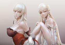 1girl 3d armpits bare_shoulders black_thighhighs blonde_hair blood bloody_tears breasts dress dual_persona elbow_gloves fangs gloves gradient_background hair_ribbon highres kiss-shot_acerola-orion_heart-under-blade kizumonogatari large_breasts leslyzerosix lips monogatari_(series) oshino_shinobu parted_lips pointy_ears red_dress ribbon small_breasts strap_slip strapless thighhighs torn_clothes vampire white_dress white_gloves yellow_eyes