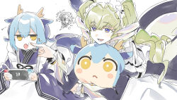 3_ma_me 3girls black_dress blue_eyes blue_hair blue_kimono dragon_girl dragon_horns dress duel_monster green_hair horns house_dragonmaid japanese_clothes kimono lattice_dragonmaid laundry_dragonmaid long_hair missing_commentary multiple_girls nintendo_switch short_hair twintails yellow_eyes yu-gi-oh!
