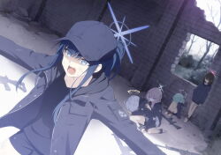 5girls assault_rifle atsuko_(blue_archive) azusa_(blue_archive) bandaid bandaid_on_face barefoot baseball_cap black_hair black_hat black_jacket black_shirt black_shorts blue_archive blue_eyes blue_hair blue_halo brown_hair bruise cuffs dirty dirty_clothes eyes_visible_through_hair game_cg gun hair_over_one_eye halo hat highres hiyori_(blue_archive) injury jacket long_hair misaki_(blue_archive) multiple_girls non-web_source official_art open_mouth ponytail purple_hair red_halo rifle ruins saori_(blue_archive) scar shackles shaded_face shirt shorts spoilers weapon white_hair white_halo white_mask yellow_halo