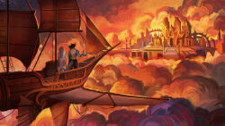 Rule 34 | 1boy, 1girl, aircraft, airship, chinnkun, cloud, facing away, fantasy, floating castle, from behind, landscape, orange clouds, original, painterly, sailing ship, side-by-side, space, yellow clouds