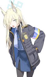 1girl absurdres animal_ear_fluff animal_ears armband blonde_hair blue_archive blue_armband blue_halo blue_necktie blue_shirt commentary_request dog_ears dog_girl extra_ears haimura_kiyotaka hair_over_one_eye halo highres interrogation kanna_(blue_archive) necktie notched_ear pantyhose police police_badge police_uniform policewoman sharp_teeth shirt simple_background solo teeth tie_clip