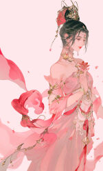 1girl bare_shoulders black_hair bracelet closed_eyes closed_mouth collarbone cowboy_shot dress earrings eyeshadow falling_petals fingernails flower forehead_jewel hair_bun hair_ornament highres holding holding_flower ibuki_satsuki jewelry lipstick makeup nail_polish original parted_bangs petals pink_dress red_flower red_lips red_nails red_petals sidelocks solo