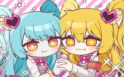 2girls blonde_hair blue_hair bow bowtie cosplay don_quixote_(project_moon) dress e.g.o_(project_moon) hair_ornament heart heart_hair_ornament highres holding_hands in_the_name_of_love_and_hate_(e.g.o) limbus_company lobotomy_corporation lobotomy_corporation_(identity)_(project_moon) long_hair looking_at_viewer magical_girl matiyan923 multiple_girls pink_bow pink_bowtie pink_garter_straps pink_vest project_moon queen_of_hatred queen_of_hatred_(cosplay) shirt simple_background smile two_side_up very_long_hair vest yellow_eyes
