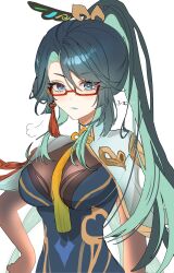 1girl absurdres blue_dress blue_eyes blue_hair blue_lips breasts cloud_retainer_(genshin_impact) colored_inner_hair commentary_request dress genshin_impact glasses green_hair highres hotaboshi_yazuki large_breasts long_hair multicolored_hair red-framed_eyewear simple_background solo upper_body very_long_hair white_background xianyun_(genshin_impact) yaduki100