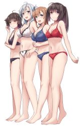4girls absurdres akizuki_(kancolle) barefoot black_bra black_panties blue_bra blue_eyes blue_panties blush bow bow_panties bra breasts brown_hair cleavage closed_mouth collarbone full_body hair_between_eyes hatsuzuki_(kancolle) highres kantai_collection kiritto large_breasts long_hair medium_breasts multiple_girls navel one_side_up open_mouth panties ponytail red_bra red_panties short_hair silver_hair simple_background smile suzutsuki_(kancolle) teeth teruzuki_(kancolle) underwear upper_teeth_only white_background white_bra white_panties yellow_eyes