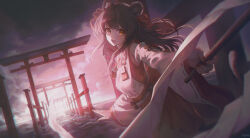 Rule 34 | 1girl, :3, animal ears, brown hair, cloud, cloudy sky, detached sleeves, fang, fingernails, gohei, hair ribbon, hakama, hakama skirt, highres, holding, holding gohei, japanese clothes, long fingernails, long hair, looking at viewer, miko, multiple torii, ocean, oonusa, open mouth, original, pioko, ribbon, ryoubu torii, signature, skirt, sky, solo, tiger ears, torii, white sleeves, yellow eyes