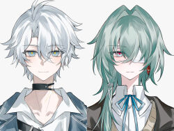 2boys absurdres alternate_costume anaxa_(honkai:_star_rail) blue_eyes blue_jacket closed_mouth collarbone earrings eyepatch grey_jacket highres honkai:_star_rail honkai_(series) jacket jewelry looking_at_viewer male_focus medical_eyepatch medium_hair multiple_boys one_eye_covered phainon_(honkai:_star_rail) pink_pupils shirt side_ponytail simple_background single_earring smile solo thorn72132528 vest white_background white_hair white_shirt yellow_pupils yellow_vest