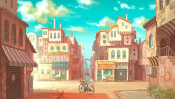 1boy 1girl amabie bicycle blue_sky brown_hair building city cityscape cloud day door highres multiple_riders original outdoors plant potted_plant riding road scenery sign sky storefront street town window yukoiwase