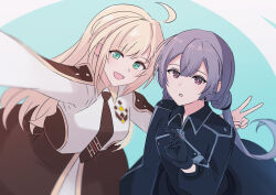 Rule 34 | 2girls, ahoge, black dress, black gloves, black necktie, blonde hair, blush, breasts, dress, duel monster, gloves, green eyes, hair between eyes, hair ornament, heichi, long hair, long sleeves, medium breasts, multiple girls, necktie, open mouth, purple eyes, purple hair, simple background, sky striker ace - raye, sky striker ace - roze, smile, twintails, v, yu-gi-oh!