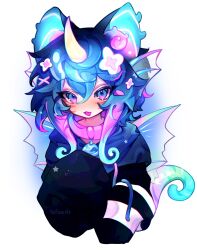 1girl animal_ears blue_hair blush cloud_(lufaeris) eyelashes facial_mark flower hair_between_eyes hair_flower hair_ornament highres hood hood_down hoodie horns long_sleeves multicolored_eyes multicolored_hair original parted_lips simple_background single_horn sleeves_past_fingers sleeves_past_wrists solo streaked_hair tail two-tone_eyes white_background white_flower white_horns wings