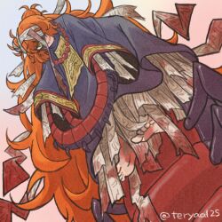 1girl arthropod_girl beads blue_robe bug centipede centipede_girl double_bun full_body grin hair_bun hundred-footed_death_maggot_(e.g.o) ishmael_(project_moon) limbus_company long_hair long_sleeves looking_at_viewer one_eye_covered orange_hair pink_background prayer_beads project_moon robe simple_background sleeves_past_fingers sleeves_past_wrists smile solo standing talisman teryaa125 yellow_eyes