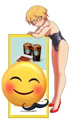 1boy androgynous bishounen black_leotard blonde_hair bulge crossdressing embarrassed emoji eyeliner high_heels high_school_boy highres hong_iltak kakaotalk korean_commentary korean_text leotard looking_at_viewer makeup male_focus male_with_breasts parkgee red_eyeliner red_eyes red_shoes sanpaku shoes short_hair smile_emoji solo starbucks trap wrist_cuffs