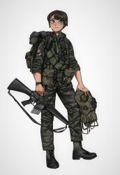 1girl absurdres assault_rifle backpack bag black_boots boots brown_hair camouflage camouflage_jacket camouflage_pants closed_mouth explosive freckles full_body gas_mask gradient_background green_jacket green_pants grenade grey_background grey_eyes gun highres holding holding_gun holding_mask holding_weapon jacket lace-up_boots long_sleeves m16 m16a1 mask original pants remora25 rifle solo standing unworn_mask watch weapon white_background wristwatch