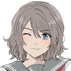 1girl blue_eyes blush brown_hair close-up grey_hair looking_at_viewer love_live! love_live!_sunshine!! smile solo watanabe_you wavy_hair