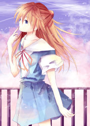 1girl bad_id bad_pixiv_id blue_eyes brown_hair female_focus finger_to_mouth ichitaro long_hair nature neon_genesis_evangelion outdoors ribbon school_uniform sky solo souryuu_asuka_langley