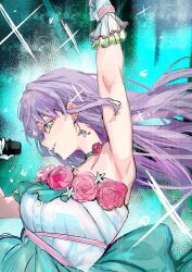 Rule 34 | 1girl, absurdres, aqua choker, armpits, be proud (love live!), breasts, choker, commentary request, dress, earrings, flower, flower-trimmed dress, flower choker, flower earrings, frilled dress, frilled gloves, frills, gloves, green background, green eyes, grin, highres, holding, holding microphone, jewelry, jin (oihlf), large breasts, link! like! love live!, long hair, love live!, microphone, official alternate costume, otomune kozue, pink flower, pink rose, profile, purple hair, rose, sidelocks, single-shoulder dress, single bare shoulder, smile, solo, sparkle, upper body, virtual youtuber, white dress, white gloves, yume wazurai