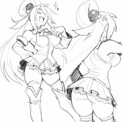 Rule 34 | 1girl, :d, anger vein, aqua (konosuba), ass, bare shoulders, blush, boots, bow, bowtie, breasts, detached sleeves, from behind, greyscale, hair over one eye, highres, kono subarashii sekai ni shukufuku wo!, large breasts, long hair, miniskirt, monochrome, multiple views, open mouth, rob ishi, shirt, skirt, smile, sparkle, thigh boots, thighhighs