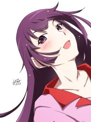 1girl :d bakemonogatari blush collared_shirt dutch_angle highres long_hair looking_at_viewer monogatari_(series) naoetsu_high_school_uniform open_mouth oshinobi_shinobu pink_shirt portrait purple_eyes purple_hair school_uniform senjougahara_hitagi shirt signature simple_background smile solo white_background