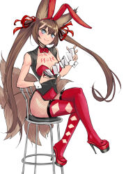 1girl absurdres animal_ear_fluff animal_ears bad_tag bare_shoulders blue_eyes blush bow bowtie breasts brown_hair caleen_keemosn card chair cleavage closed_mouth clothing_cutout collar commission crossed_legs detached_collar elotika fake_animal_ears female fishnet_pantyhose fishnets fox_ears fox_girl fox_tail gloves hair_between_eyes hair_ornament hair_ribbon hairband high_heels highres holding kitsune leotard long_hair looking_at_viewer multiple_tails original pantyhose platform_footwear platform_heels playboy_bunny rabbit_ears red_bow red_bowtie red_footwear red_leotard red_ribbon ribbon runes shoes sitting smile solo star_ocean star_ocean_anamnesis stool tail thighhighs twintails very_long_hair wrist_cuffs