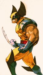 Rule 34 | 1990s (style), 1boy, 2000, absurdres, arm hair, beard, bengus, blue gloves, bodysuit, capcom, claws, clenched hands, clenched teeth, facial hair, feet out of frame, game cg, gloves, highres, male focus, marvel, marvel vs. capcom, marvel vs. capcom 2, mask, muscular, muscular male, non-web source, official art, pectorals, retro artstyle, scan, solo, superhero costume, teeth, weapon, wolverine (x-men), x-men
