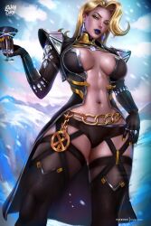 1girl absurdres black_gloves black_lips black_thighhighs blonde_hair blue_eyes breasts chain cleavage cup diamond_(gemstone) diamond_earrings earrings emma_frost emma_frost_(x-revolution) eyeshadow gloves gold_chain gold_nails highres holding holding_cup jewelry large_breasts logan_cure looking_at_viewer makeup marvel marvel_rivals medium_hair navel official_alternate_costume solo stomach superhero_costume thick_thighs thighhighs thighs two-tone_bodysuit x-men yellow_eyeshadow