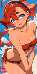 1girl artist_name bare_shoulders beach bent_over bikini blue_eyes blush breasts cloud cloudy_sky collarbone commentary frilled_bikini frills front-tie_bikini_top front-tie_top gundam gundam_suisei_no_majo headband highres long_hair looking_at_viewer lower_teeth_only medium_breasts ocean open_mouth red_bikini red_hair skindentation sky solo standing strapless suletta_mercury swimsuit teeth tube_top very_long_hair xel4