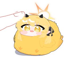 1girl animalization asymmetrical_hair bird blonde_hair blue_archive blush chick commentary_request demon_girl demon_horns fang halo hehe5ya highres horns ibuki_(blue_archive) open_mouth pointy_ears side_ponytail simple_background solo_focus white_background yellow_eyes yellow_halo