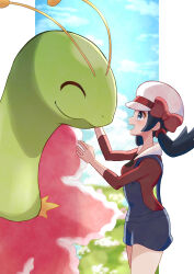 1girl :d ^_^ blue_eyes blue_hair blue_overalls bow cabbie_hat closed_eyes commentary_request earrings flower from_side game_freak gen_2_pokemon hand_on_another&#039;s_face hands_up haru_(haruxxe) hat hat_bow highres jewelry kris_(pokemon) medium_hair meganium nintendo open_mouth overalls pillarboxed pink_flower pokemon pokemon_(creature) pokemon_adventures red_bow red_ribbon red_shirt ribbon shirt smile standing star_(symbol) star_earrings twintails white_hat