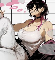 1girl ^_^ bare_shoulders belt belt_collar black_belt black_choker black_hair breasts choker cleavage closed_eyes collar commentary ear_piercing enpi_shima grid_background grin hair_over_one_eye knee_up large_breasts long_hair multicolored_hair original pants piercing pink_hair reclining rororoji_(enpi_shima) shirt_tucked_in smile smoke solo symbol-only_commentary tank_top toned toned_female two-tone_hair white_pants white_tank_top wolf_cut