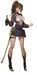 1girl alcohol banner_of_the_maid belt boots breasts brown_hair cleavage cleavage_cutout closed_mouth clothing_cutout epaulettes female_focus gloves green_eyes hair_between_eyes high_heel_boots high_heels highres knee_boots large_breasts lips long_hair military military_uniform official_art pigeon-toed ponytail quuni skirt smile solo standing sword thigh_strap transparent_background weapon white_gloves