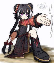1girl black_dress black_hair blood blood_on_clothes chinese_clothes double_bun dress full_body hair_bun highres jia_xichun_(project_moon) june_blues limbus_company long_hair long_sleeves looking_at_viewer multicolored_hair pink_eyes project_moon red_shrug red_sleeves rope_belt side_slit simple_background solo squatting streaked_hair twintails very_long_hair white_background