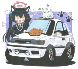 &gt;_&lt; 1girl animal_ear_fluff animal_ears black_jacket blue_archive blue_flower blue_necktie blue_ribbon blush car cat_ears chibi choro-q collarbone commentary_request fang flower hair_ribbon halo highres jacket kamaboko50r long_hair motor_vehicle necktie open_mouth pink_flower red_flower ribbon serika_(blue_archive) shadow shirt skin_fang smile solo toyota toyota_celica toyota_celica_t160 twintails vehicle_focus very_long_hair white_car white_shirt