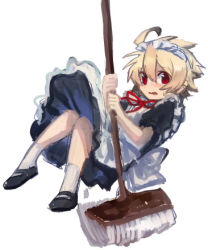 ahoge alternate_costume apron bad_id bad_pixiv_id blonde_hair broom crossdressing enmaided kido_hyde lowres maid maid_apron male_focus mary_janes red_eyes shoes short_hair socks solo under_night_in-birth yusano