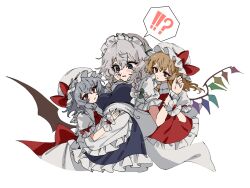 ! !! !? 3girls bat_wings blonde_hair blue_dress blush crystal_wings dress flandre_scarlet grey_hair group_picture hat highres hua88331 long_hair maid maid_headdress medium_hair mob_cap multiple_girls red_shirt red_skirt remilia_scarlet shirt siblings simple_background sisters skirt speech_bubble touhou white_background wings yuri