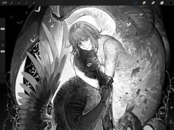 1boy 1girl blood blood_on_hands brother_and_sister dungeon_meshi falin_touden falin_touden_(chimera) feathered_wings greyscale highres huli_xiaobai laios_touden laios_touden_(chimera) looking_at_viewer medium_hair monochrome monster raw_meat siblings wings