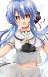 1girl :d absurdres ascot black_ascot blue_hair blush braid commentary_request cowboy_shot crown_braid episode_number eyes_visible_through_hair floating_hair hair_between_eyes happy highres light_particles long_hair looking_at_viewer midriff miniskirt navel open_mouth puffy_short_sleeves puffy_sleeves red_eyes sailor_collar school_uniform serafuku shirt short_sleeves sidelocks signature simple_background skirt smile solo sorakado_ao speech_bubble summer_pockets summer_pockets_school_uniform ura_(ura-tennislove) very_long_hair white_background white_sailor_collar white_serafuku white_shirt white_skirt