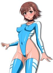 Rule 34 | 1girl, black choker, blue thighhighs, blush, breasts, brown eyes, brown hair, cameltoe, choker, collarbone, covered erect nipples, covered navel, cowboy shot, flower, frozen gingasan, gluteal fold, hair flower, hair ornament, highleg, highres, impossible clothes, leotard, long sleeves, looking at viewer, medium breasts, misaka mikoto, multicolored leotard, open mouth, realise, shiny skin, short hair, simple background, small breasts, solo, standing, swimsuit, thighhighs, toaru kagaku no railgun, toaru majutsu no index, transparent background, two-tone swimsuit, white background
