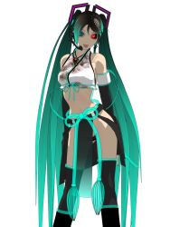 1girl 3d android aqua_eyes aqua_hair bare_shoulders bug calne_ca_(deino) cosplay crop_top crustacean deino_(deino3330) detached_sleeves female_focus front-tie_top hatsune_miku hatsune_miku_(cosplay) headset heterochromia highres isopod jewelry long_hair looking_at_viewer midriff nato-kun original red_eyes see-through_clothes simple_background skull solo tongue twintails very_long_hair vocaloid white_background