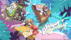 Rule 34 | 3girls, aoi erika, asakura karen (heaven burns red), birthday cake, black hair, bow, cake, cake slice, covered eyes, food, green eyes, hair over one eye, happy, hat, heaven burns red, highres, hood, hood up, hooded jacket, jacket, long hair, long sleeves, multiple girls, official art, red eyes, shirt, short hair, tail, tenne miko, very long hair, vest, white shirt, witch hat, yellow eyes, yostar