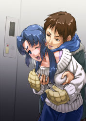 10s 1boy 1girl asakura_ryoko bad_id bad_pixiv_id blush breasts ear_licking elevator gonoike_biwa grabbing_another&#039;s_breast groping half-closed_eyes hetero kyon licking mittens saliva saliva_trail scarf suzumiya_haruhi_no_shoushitsu suzumiya_haruhi_no_yuuutsu sweater tears white_sweater yellow_mittens