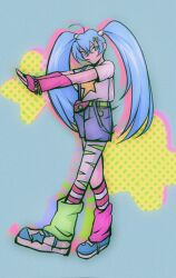 Rule 34 | 1girl, alternate costume, arm warmers, arms up, asymmetrical legwear, bakugan, bakugan battle brawlers, beads, belt, blue background, blue eyes, blue hair, blue shoes, blue shorts, bracelet, commentary, denim, denim shorts, drop shadow, english commentary, expressionless, fanny pack, full body, green belt, hair ornament, highres, jewelry, leg warmers, leggings, looking to the side, misaki runo, mismatched legwear, shhhit4, shirt, shoes, shorts, sneakers, socks, solo, star (symbol), star hair ornament, stretching, striped clothes, striped socks, suspenders, twintails, walking, white shirt