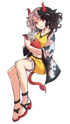 1girl alphes_(style) animal_ears animal_print artistic_error black_hair closed_mouth collarbone commentary_request cow_ears cow_girl cow_horns cow_print dairi full_body greek_toe horns large_variant_set looking_at_viewer midriff multicolored_hair navel parody red_eyes red_horns red_tail sandals short_hair smile solo split-color_hair style_parody tachi-e toes touhou transparent_background two-tone_hair ushizaki_urumi variant_set white_hair wrong_foot